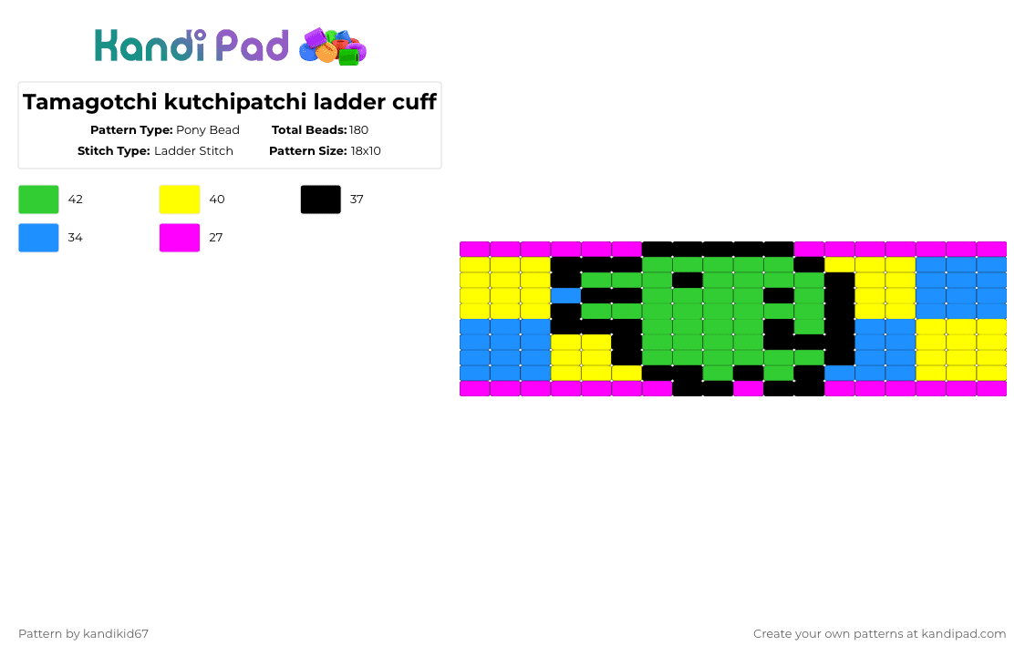 Tamagotchi kutchipatchi ladder cuff - Pony Bead Pattern by kandikid67 on Kandi Pad - green,light blue,yellow,tamagotchi,kutchipatchi,retro,ladder stitch,cute,character
