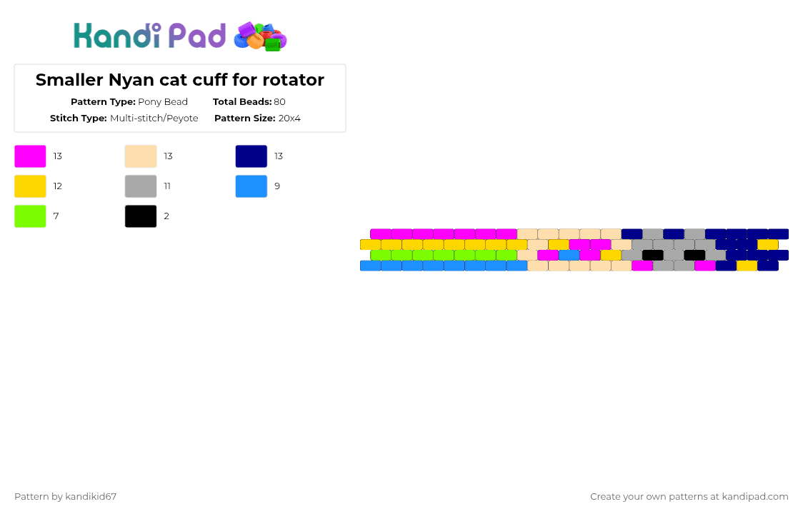 Smaller Nyan cat cuff for rotator - Pony Bead Pattern by kandikid67 on Kandi Pad - pink,beige,purple,yellow,nyan cat,colorful,rotator,retro
