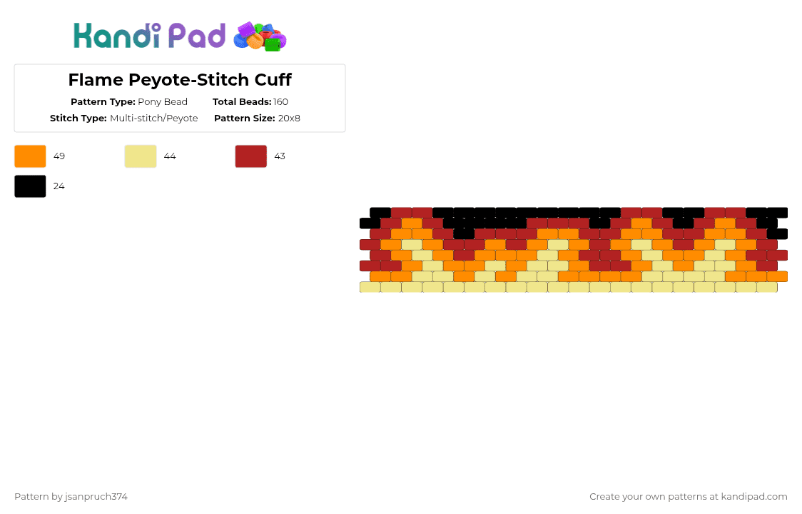 Flame Peyote-Stitch Cuff - Pony Bead Pattern by jsanpruch374 on Kandi Pad - orange,yellow