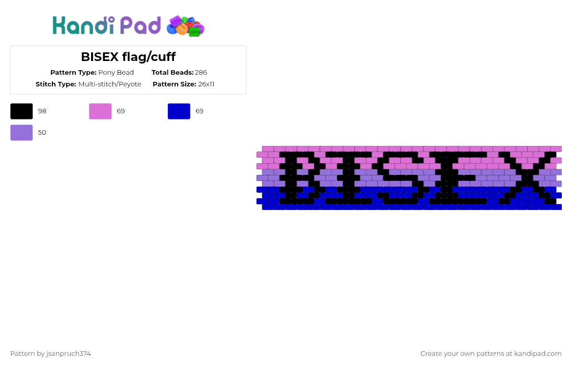 BISEX flag/cuff - Pony Bead Pattern by jsanpruch374 on Kandi Pad - pink,purple