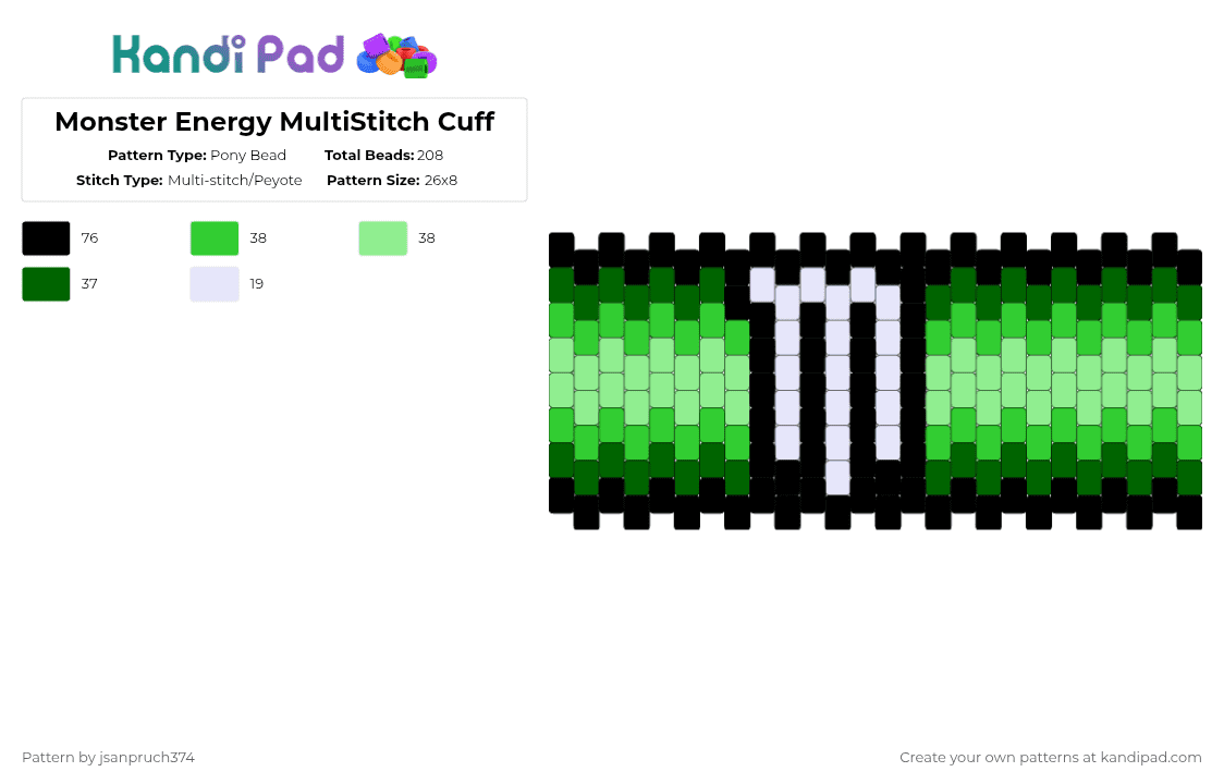 Monster Energy MultiStitch Cuff - Pony Bead Pattern by jsanpruch374 on Kandi Pad - green,teal