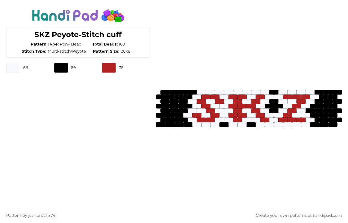 SKZ Peyote-Stitch cuff - Pony Bead Pattern by jsanpruch374 on Kandi Pad - white,red,skz,peyote stitch