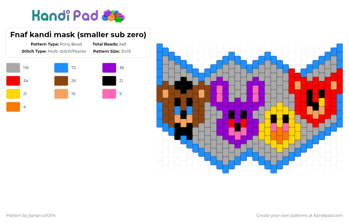 Fnaf kandi mask (smaller sub zero) - Pony Bead Pattern by jsanpruch374 on Kandi Pad - light blue,beige,red,fnaf,sub zero,mask