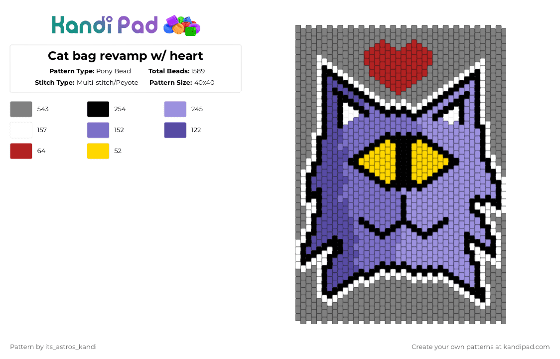 Cat bag revamp w/ heart - Pony Bead Pattern by its_astros_kandi on Kandi Pad - pink,gray,alien,cat,purple
