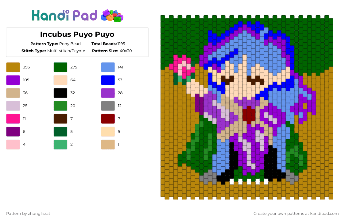 Incubus Puyo Puyo - Pony Bead Pattern by zhonglisrat on Kandi Pad - purple,light blue,green,gold
