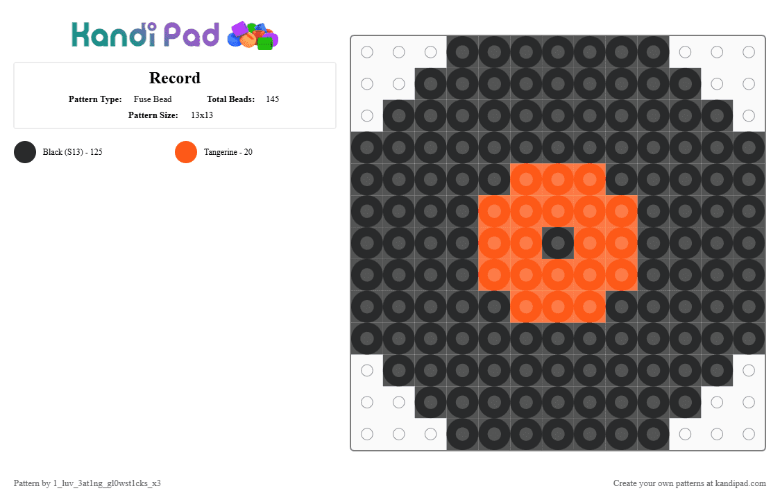 Record - Fuse Bead Pattern by 1_luv_3at1ng_gl0wst1cks_x3 on Kandi Pad - black, circle, cotdvinylrecords, orange, record