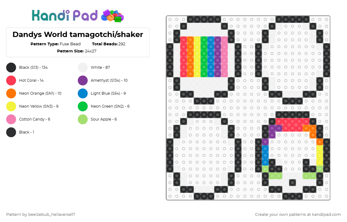 Dandys World tamagotchi/shaker - Fuse Bead Pattern by 1_luv_3at1ng_gl0wst1cks_x3 on Kandi Pad - black,white,pink,red,colorful,dandy,rainbow,tamagotchi,shaker,keychain