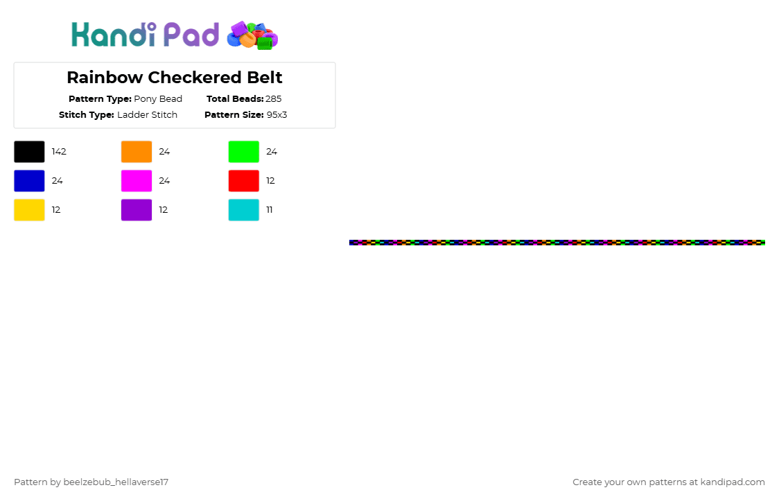 Rainbow Checkered Belt - Pony Bead Pattern by 1_luv_3at1ng_gl0wst1cks_x3 on Kandi Pad - black,green,pink,colorful,belt,checkers,rainbow,pride