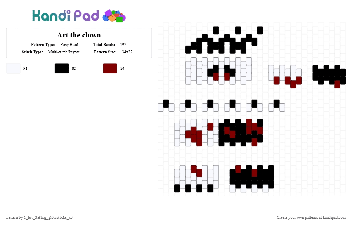 Art the clown - Pony Bead Pattern by 1_luv_3at1ng_gl0wst1cks_x3 on Kandi Pad - black, clown, doll, horror, red, white