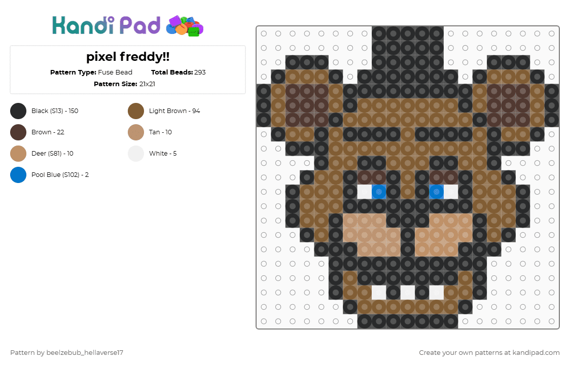 pixel freddy!! - Fuse Bead Pattern by 1_luv_3at1ng_gl0wst1cks_x3 on Kandi Pad - black,tan,fnaf,freddy,brown