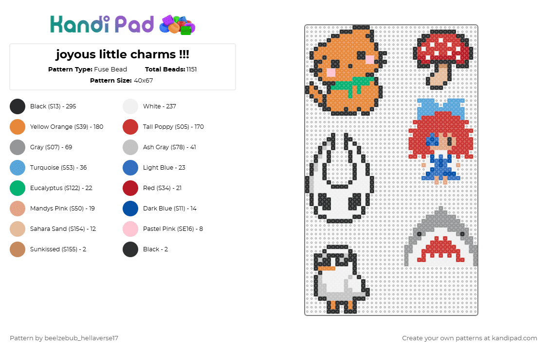 joyous little charms !!! - Fuse Bead Pattern by 1_luv_3at1ng_gl0wst1cks_x3 on Kandi Pad - orange,beige,red,gray,charms,small,shark,mushroom,cat,duck