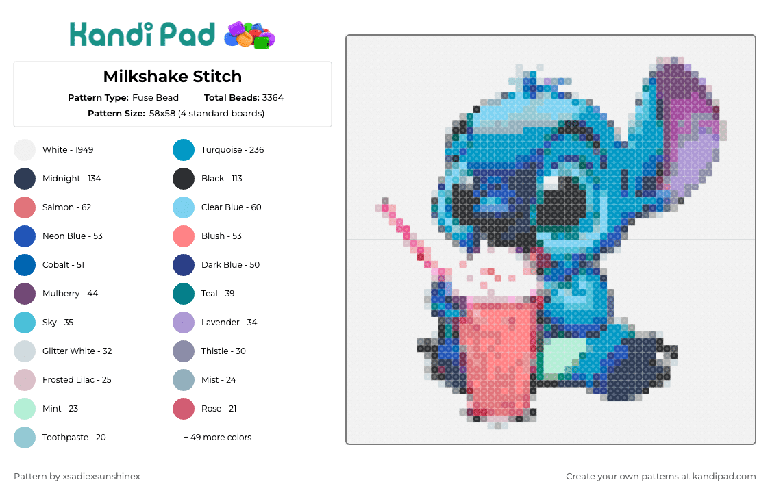 Milkshake Stitch - Fuse Bead Pattern by xsadiexsunshinex on Kandi Pad - stitch,milkshake,lilo and stitch,cute,animation,character,adorable,blue,pink