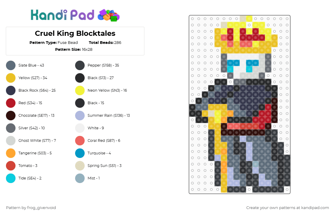 Cruel King Blocktales - Fuse Bead Pattern by frog_givenvoid on Kandi Pad - red,yellow,gray,purple