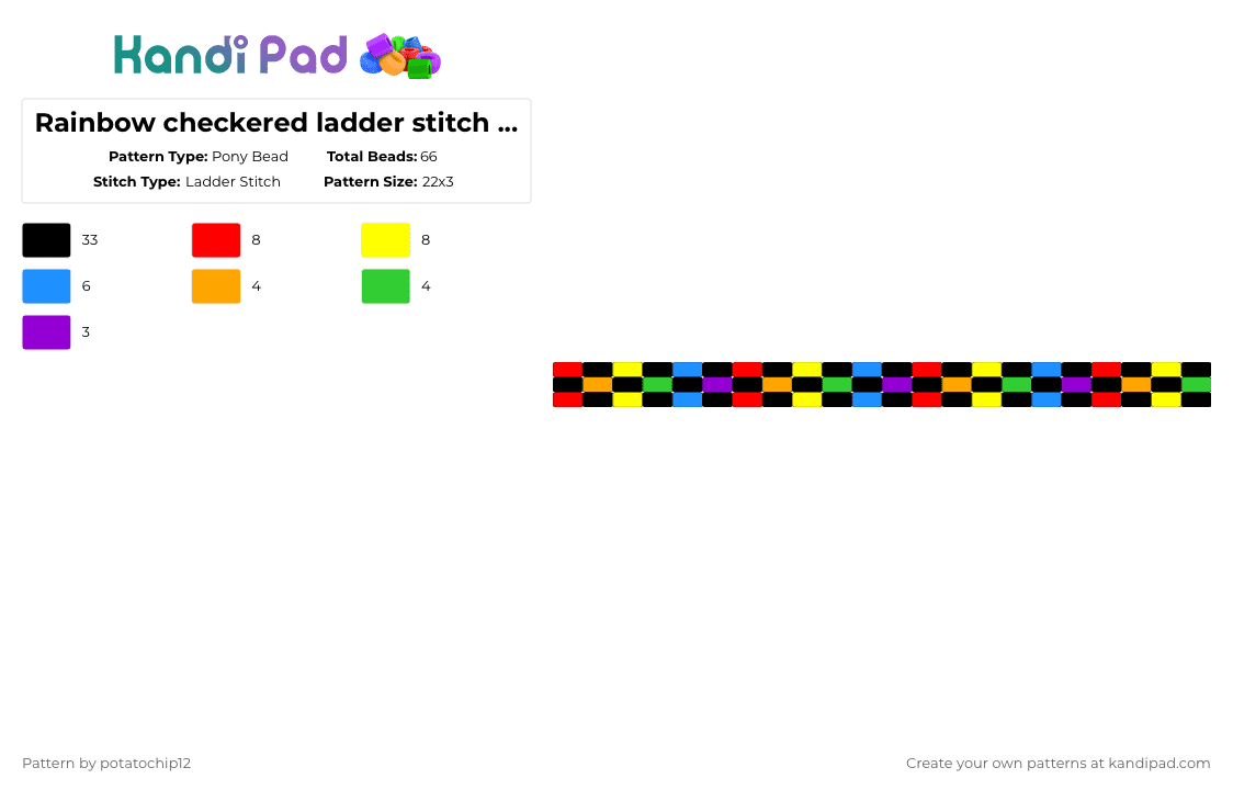 Rainbow checkered ladder stitch cuff - Pony Bead Pattern by potatochip12 on Kandi Pad - black,red,yellow,light blue