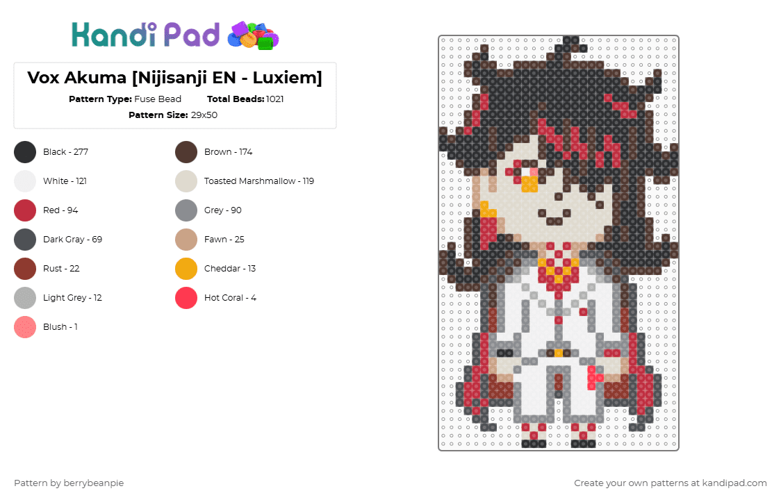 Vox Akuma [Nijisanji EN - Luxiem] - Fuse Bead Pattern by berrybeanpie on Kandi Pad - brown,gray,red,beige,vox akuma,nijisanji,nijisanji en,niji,niji en,vox,akuma,vtuber