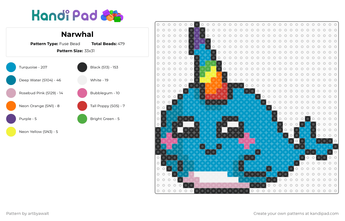 Narwhal - Fuse Bead Pattern by artbyawalt on Kandi Pad - light blue,teal