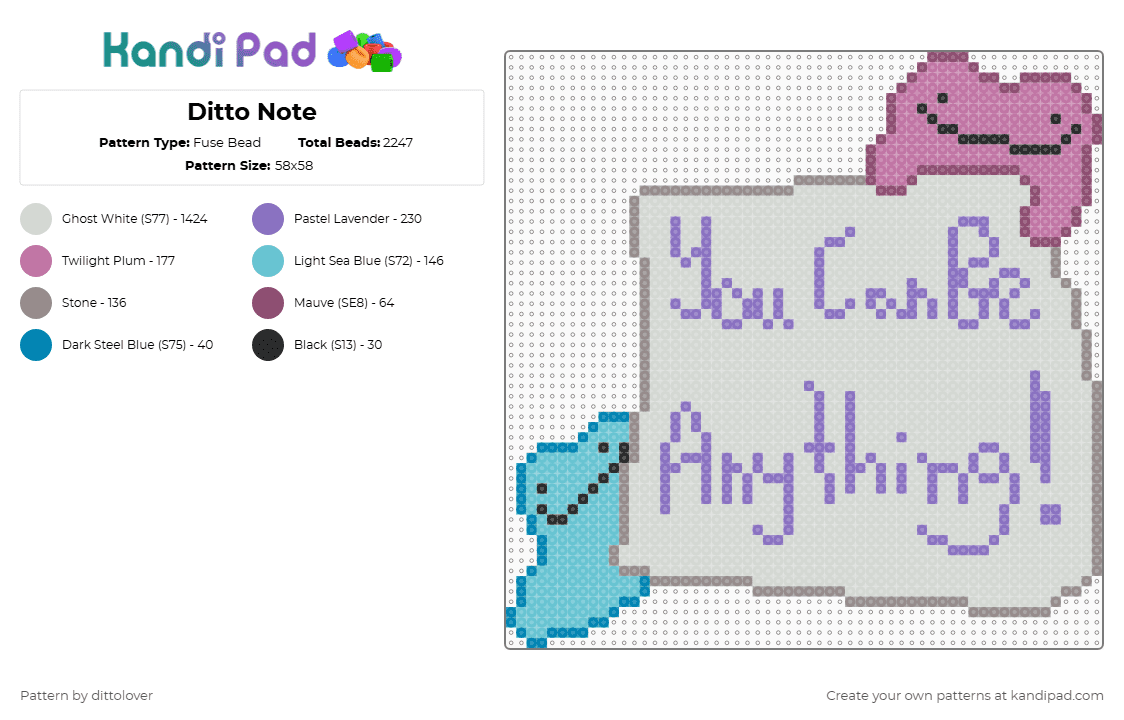 Ditto Note - Fuse Bead Pattern by dittolover on Kandi Pad - blue, pink, pokemon, white