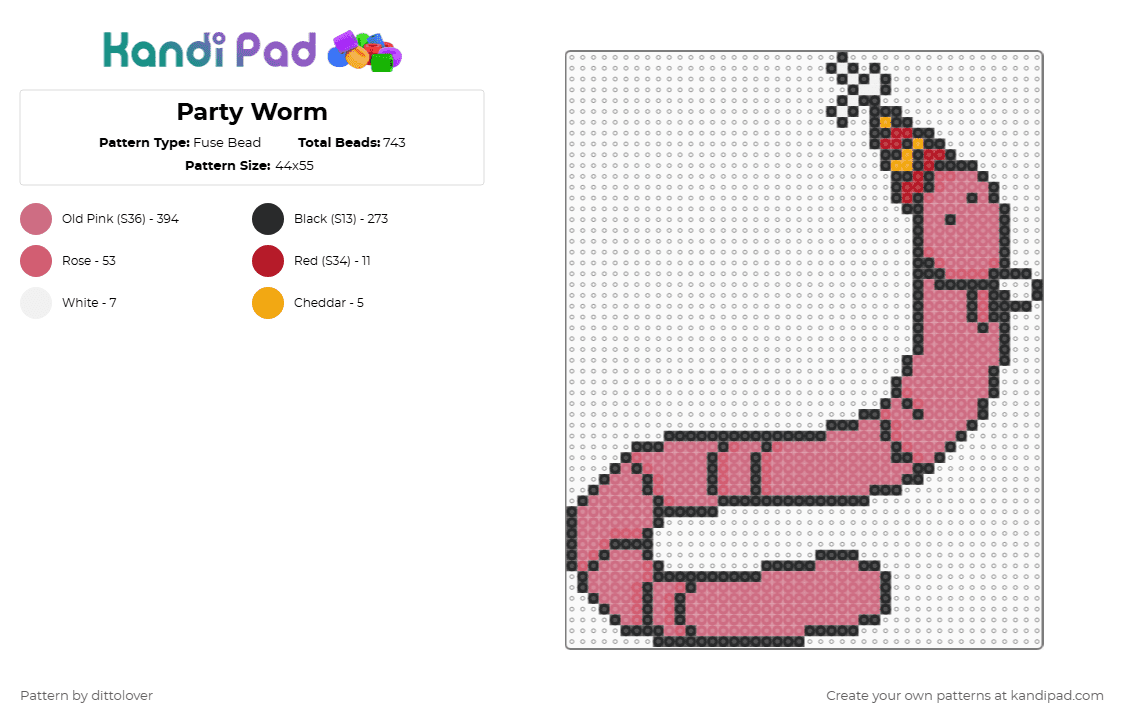 Party Worm - Fuse Bead Pattern by dittolover on Kandi Pad - pink,animal,doodle,worm,party,wohoo