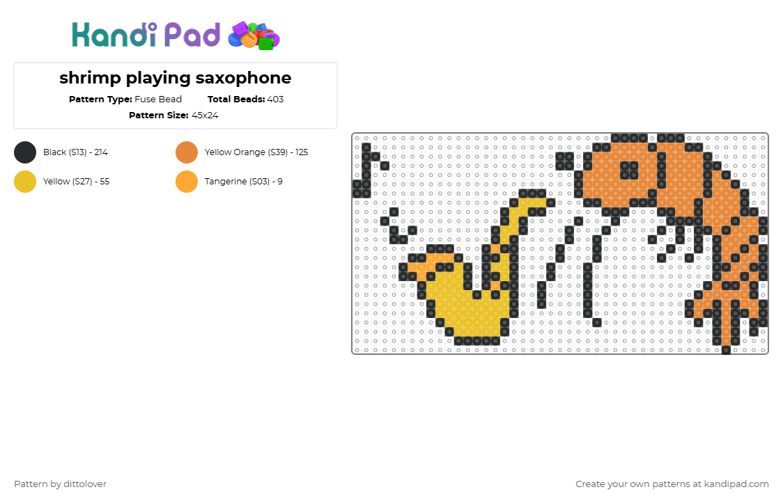 shrimp playing saxophone - Fuse Bead Pattern by dittolover on Kandi Pad - orange,yellow,animal,shrimp,music