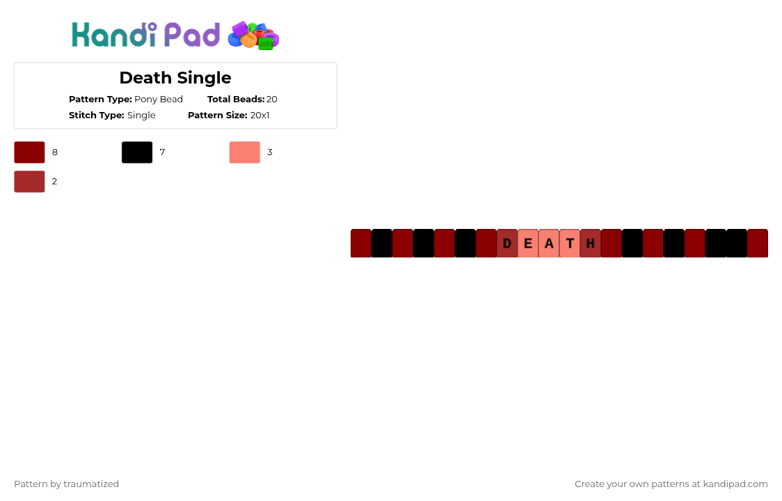 Death Single - Pony Bead Pattern by deleted_user_437049 on Kandi Pad - red,death,single,dying,bracelet,kandi,grunge,goth,emo