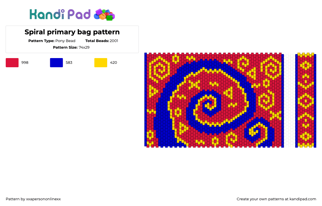 Spiral primary bag pattern - Pony Bead Pattern by xxapersononlinexx on Kandi Pad - spirals,swirl,trippy,bag,panel,red,yellow,blue