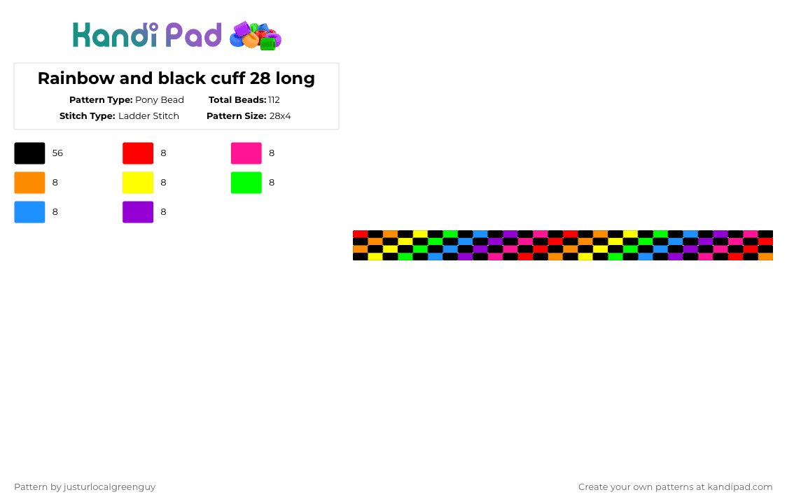 Rainbow and black cuff 28 long - Pony Bead Pattern by justurlocalgreenguy on Kandi Pad - black,pink,yellow,light blue,colorful,ladder,rainbow,black and rainbow,28 beads long,cuff