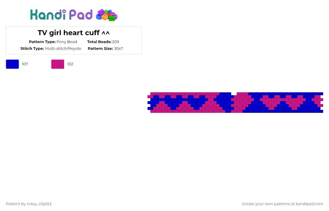TV girl heart cuff ^^ - Pony Bead Pattern by cr4zy_c0y0t3 on Kandi Pad - pink,purple
