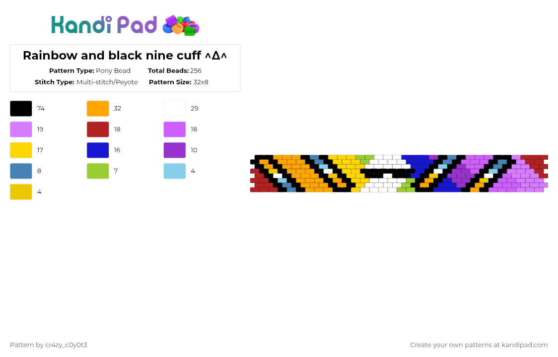 Rainbow and black nine cuff ^∆^ - Pony Bead Pattern by cr4zy_c0y0t3 on Kandi Pad - orange,red,pink,colorful