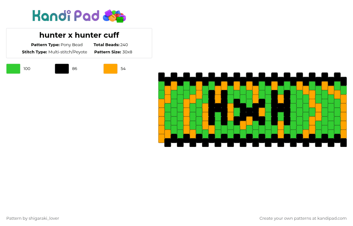 hunter x hunter cuff - Pony Bead Pattern by tenna_loves_spamton on Kandi Pad - orange,green