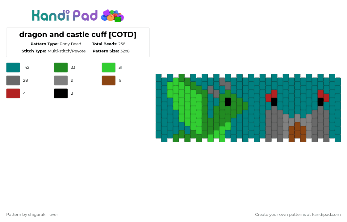 dragon and castle cuff [COTD] - Pony Bead Pattern by tenna_loves_spamton on Kandi Pad - green,teal,cotdfantasy