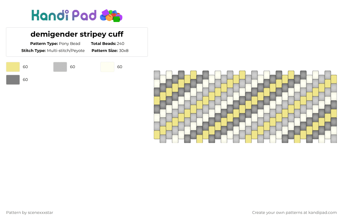 demigender stripey cuff - Pony Bead Pattern by scenexxxstar on Kandi Pad - yellow,beige,gray,lgbtq,lgbtqia,demigender