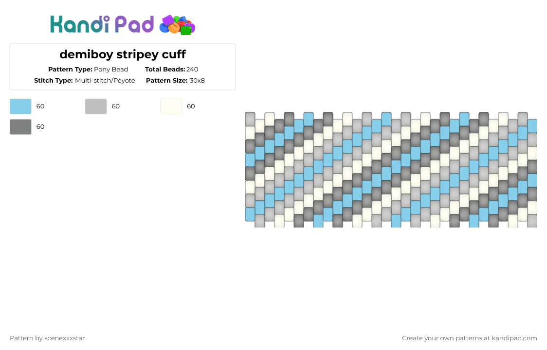 demiboy stripey cuff - Pony Bead Pattern by scenexxxstar on Kandi Pad - light blue,beige,gray,lgbtq,lgbtqia,demiboy