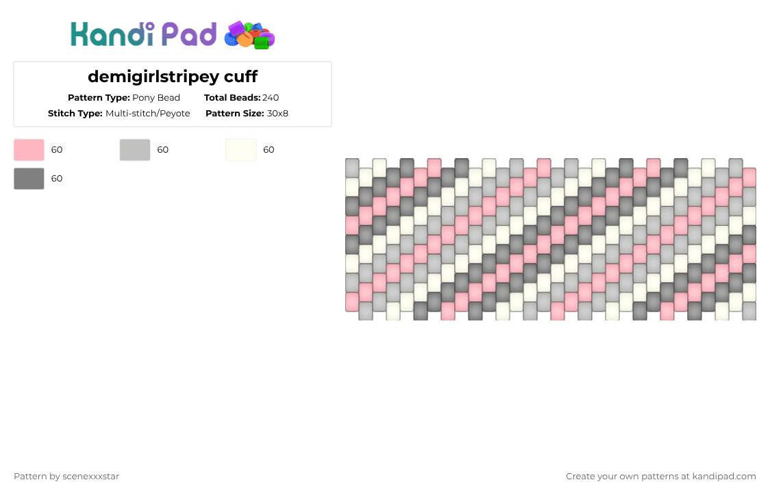 demigirl stripey cuff - Pony Bead Pattern by scenexxxstar on Kandi Pad - pink,beige,gray,lgbtq,lgbtqia,demigirl