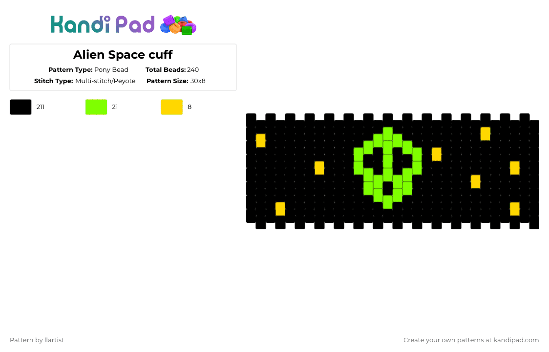 Alien Space cuff - Pony Bead Pattern by llartist on Kandi Pad - black,yellow,green,cotdstars,star,space,alien,wierd,easy,begginer,simple