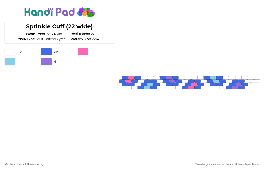 Sprinkle Cuff (22 wide) - Pony Bead Pattern by coldbrewbaby on Kandi Pad - white,blue