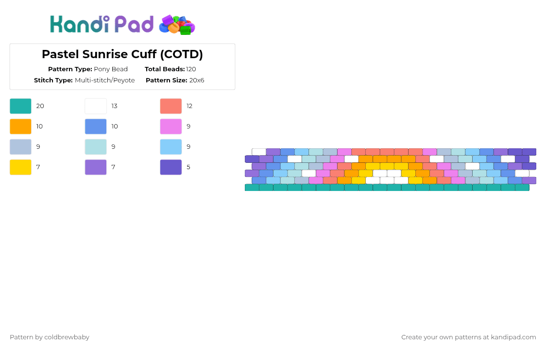 Pastel Sunrise Cuff (COTD) - Pony Bead Pattern by coldbrewbaby on Kandi Pad - orange,teal,light blue,cotdsunrises