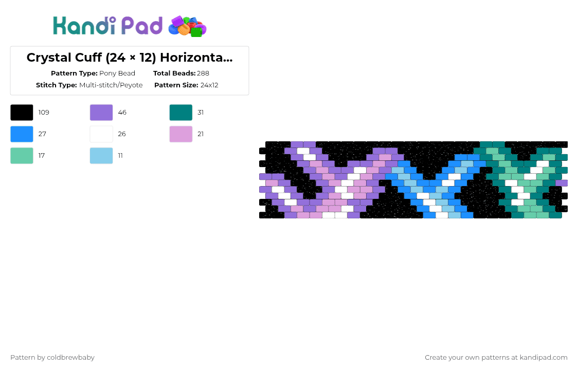 Crystal Cuff (24 × 12) Horizontal Peyote - Pony Bead Pattern by coldbrewbaby on Kandi Pad - purple,light blue,teal,cotdcrystals,crystals,crystal,amethyst