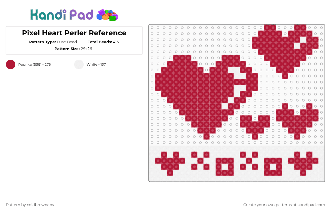 Pixel Heart Perler Reference - Fuse Bead Pattern by coldbrewbaby on Kandi Pad - red,white,perler,valentines day,hearts,heart,cute,pixel art,easy,beginnerfriendly