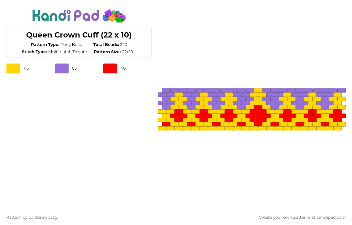 Queen Crown Cuff (22 x 10) - Pony Bead Pattern by coldbrewbaby on Kandi Pad - yellow,cotdcrowns,crown,princess,queen,king,prince,royal