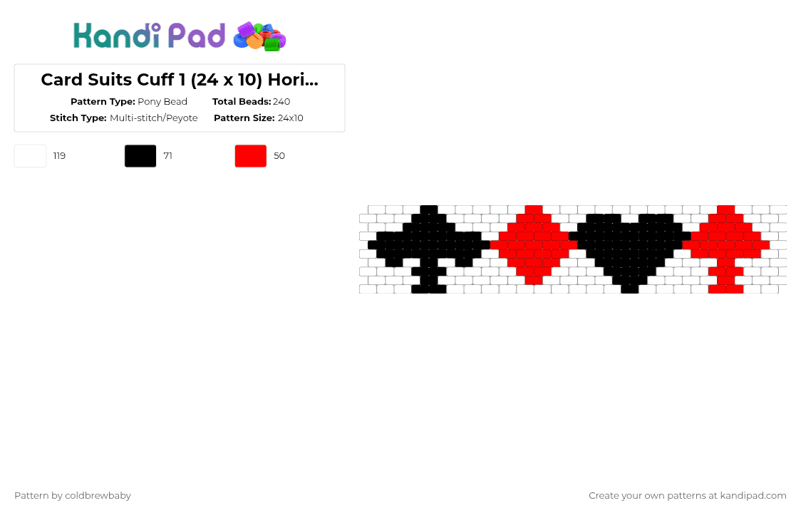 Card Suits Cuff 1 (24 x 10) Horizontal Peyote - Pony Bead Pattern by coldbrewbaby on Kandi Pad - red,white,card,cards,deck of cards,card suits,diamond,heart,b,club