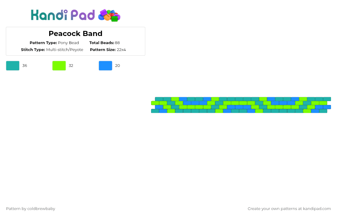 Peacock Band - Pony Bead Pattern by coldbrewbaby on Kandi Pad - green,teal,peacock,blue,simple,cute,peyote