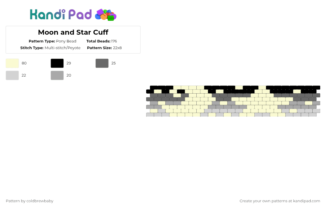 Moon and Star Cuff - Pony Bead Pattern by coldbrewbaby on Kandi Pad - white,gray,beige,cotdstarlight,moon,star,sky,night