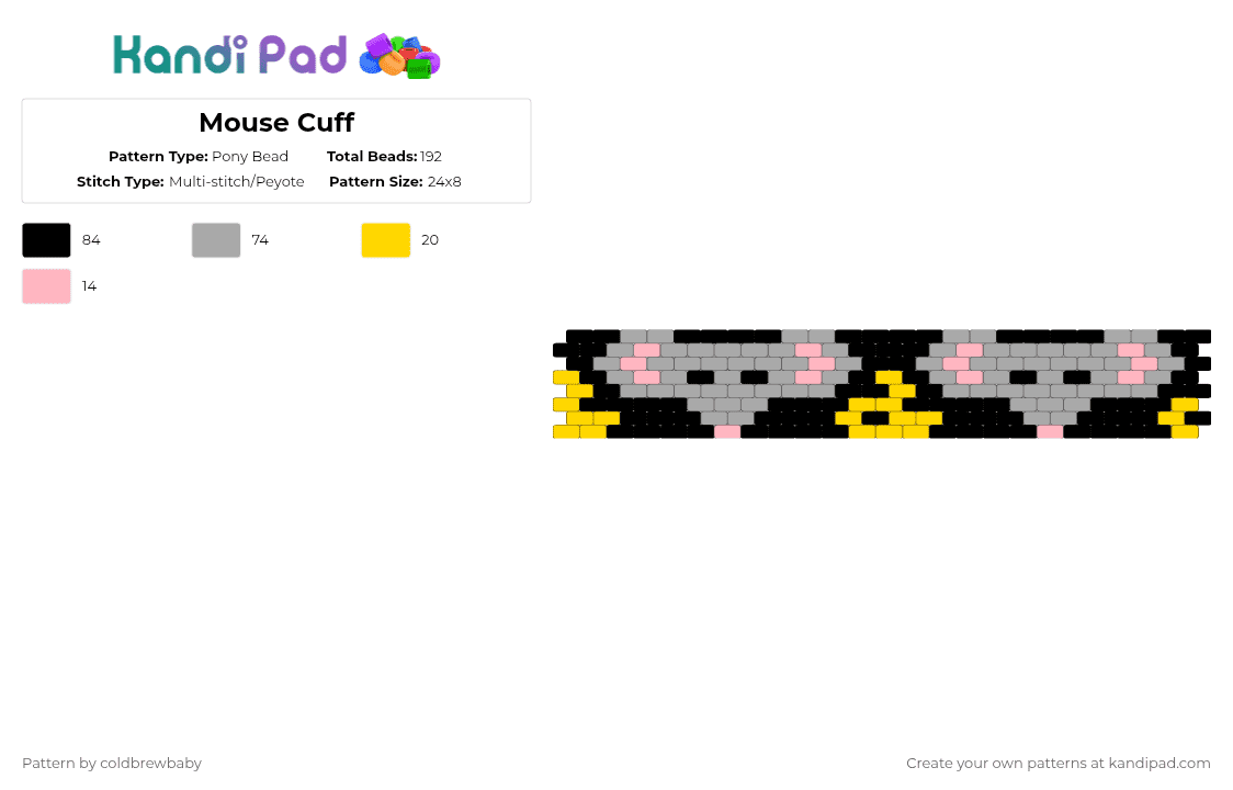 Mouse Cuff - Pony Bead Pattern by coldbrewbaby on Kandi Pad - beige,mouse,rat,mice,cheese,cute,arcade,pixel art,peyote