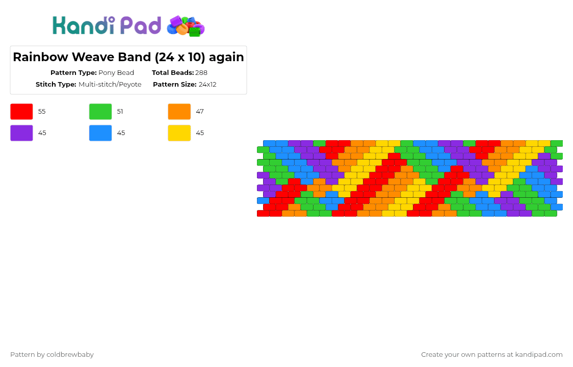 Rainbow Weave Band (24 x 10) again - Pony Bead Pattern by coldbrewbaby on Kandi Pad - purple,green,yellow,colorful,cotdcomplementarycolors,rainbow,colors,lgbt,lgbtqia,plur,complementary colors,cotd