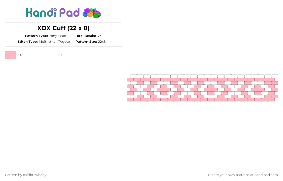 XOX Cuff (22 x 8) - Pony Bead Pattern by coldbrewbaby on Kandi Pad - white,pink,kiss,xoxo,xox,cute,love,hugs,valentines