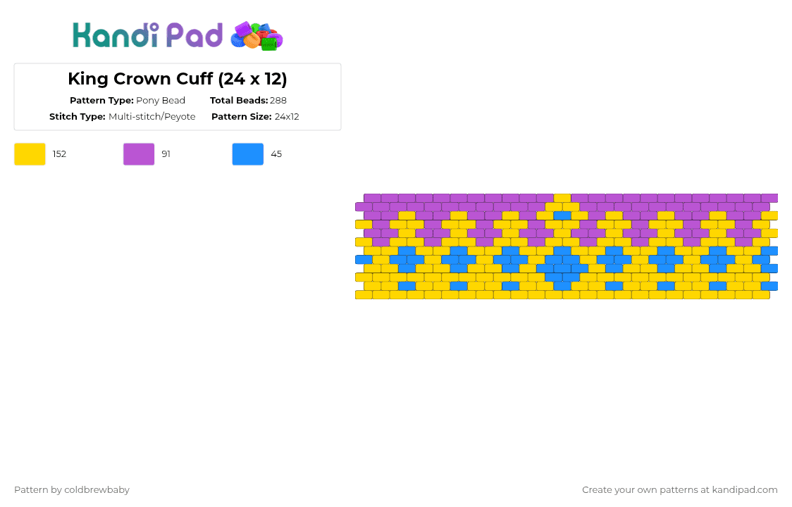 King Crown Cuff (24 x 12) - Pony Bead Pattern by coldbrewbaby on Kandi Pad - yellow,cotdcrowns,prince,princess,queen,king,royal,royalty,crown