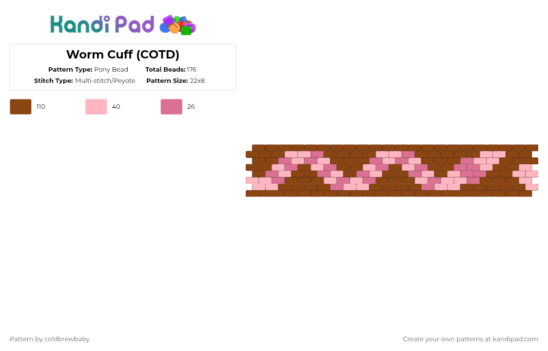 Worm Cuff (COTD) - Pony Bead Pattern by coldbrewbaby on Kandi Pad - pink,red,cotdworms,worm,dirt,cute,worms,cotd
