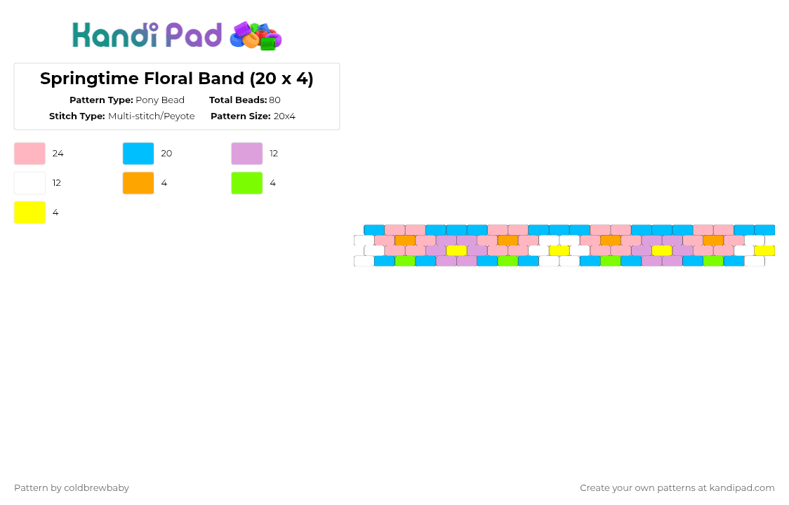 Springtime Floral Band (20 x 4) - Pony Bead Pattern by coldbrewbaby on Kandi Pad - pink,light blue,floral,flower,cute,peyote,girly,nature,spring,easter