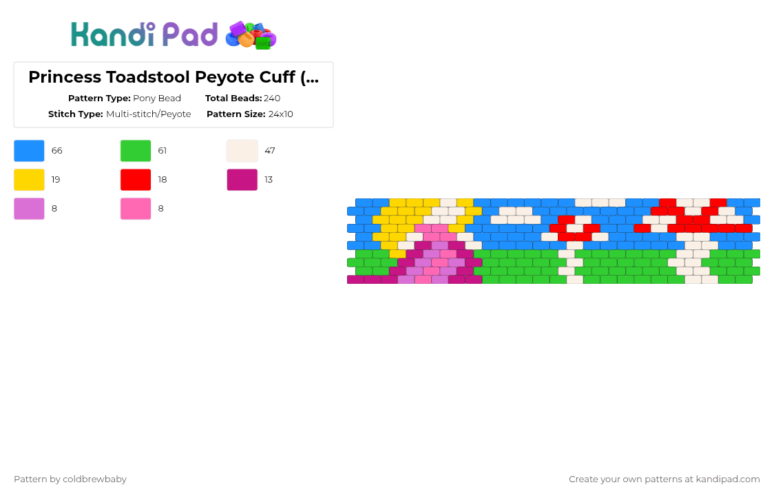 Princess Toadstool Peyote Cuff (COTD: Fantasy) - Pony Bead Pattern by coldbrewbaby on Kandi Pad - green,light blue,cotdfantasy,mario,princess peach,mushroom,mushroom kingdom,toad,peach,princess