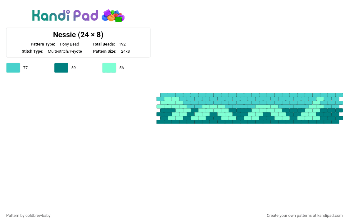 Nessie (24 × 8) - Pony Bead Pattern by coldbrewbaby on Kandi Pad - blue, green, lake, light blue, loch ness monster, nessie, sea, sea creature, teal